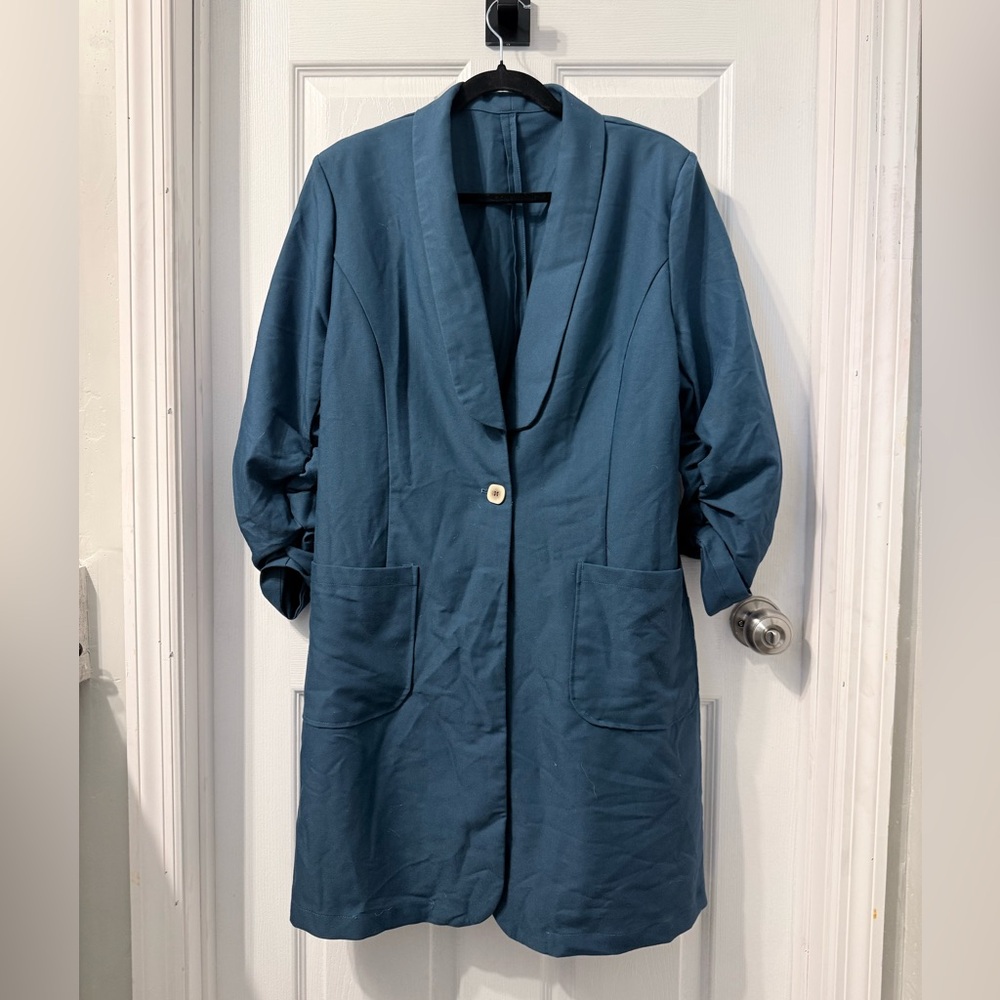 Teal Long Line Coat Blazer with Pockets